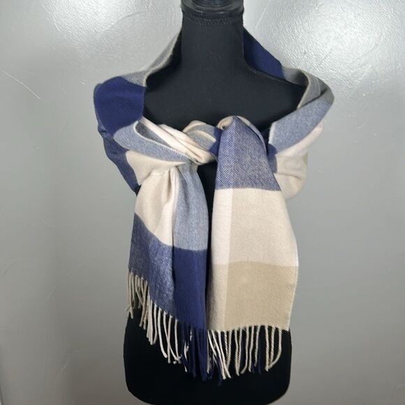 Cashmere Scarf Made in Germany Blue Cream Tan with Fringe - Picture 12 of 12